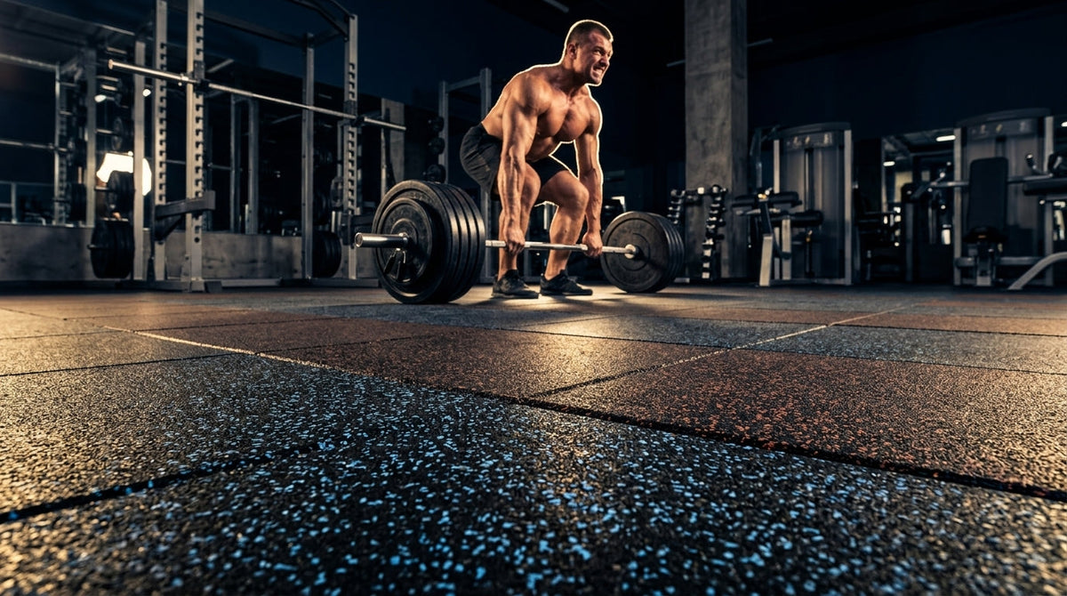 Weightlifter deadlifting a loaded barbell on heavy duty rubber gym flooring