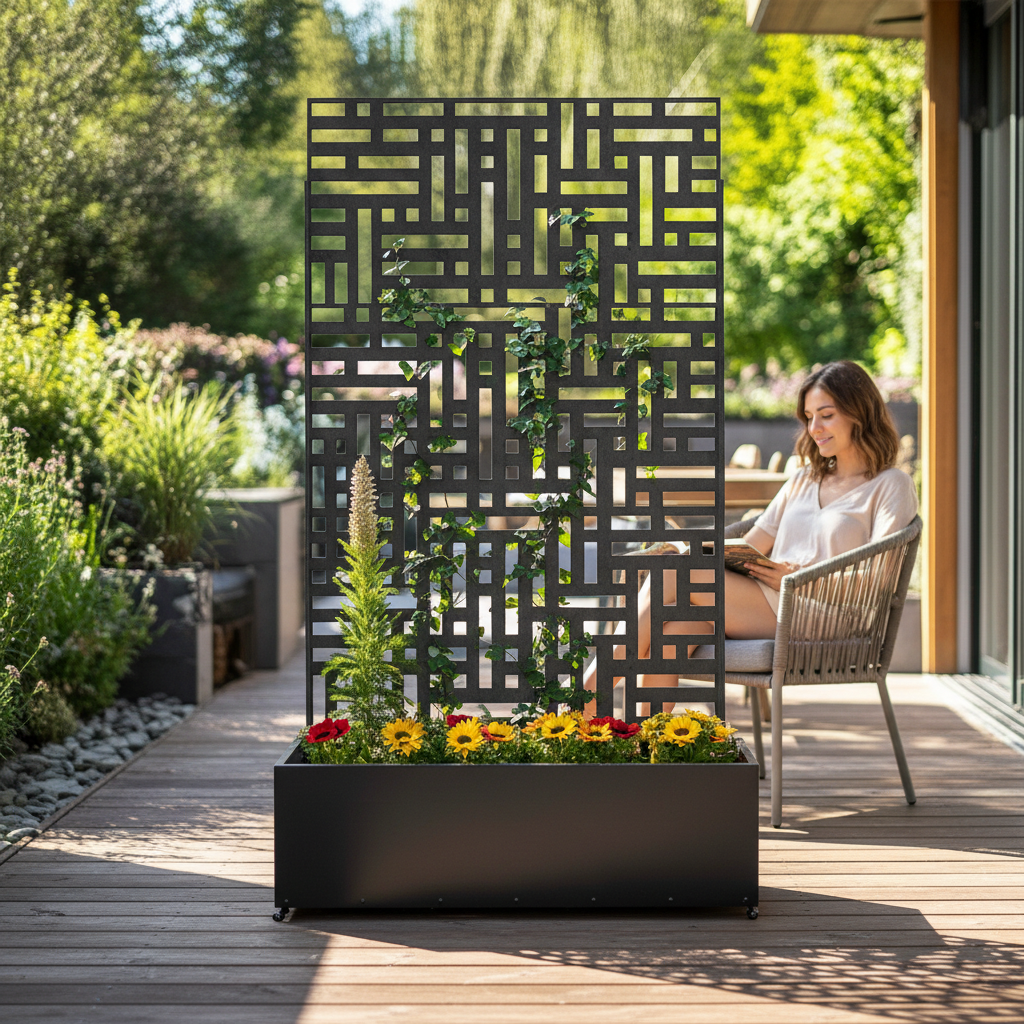 Premium Metal Indoor/Outdoor Privacy Screen with Built-In Planter - 90cm x 180cm, Durable Construction, Stylish Geometric Design