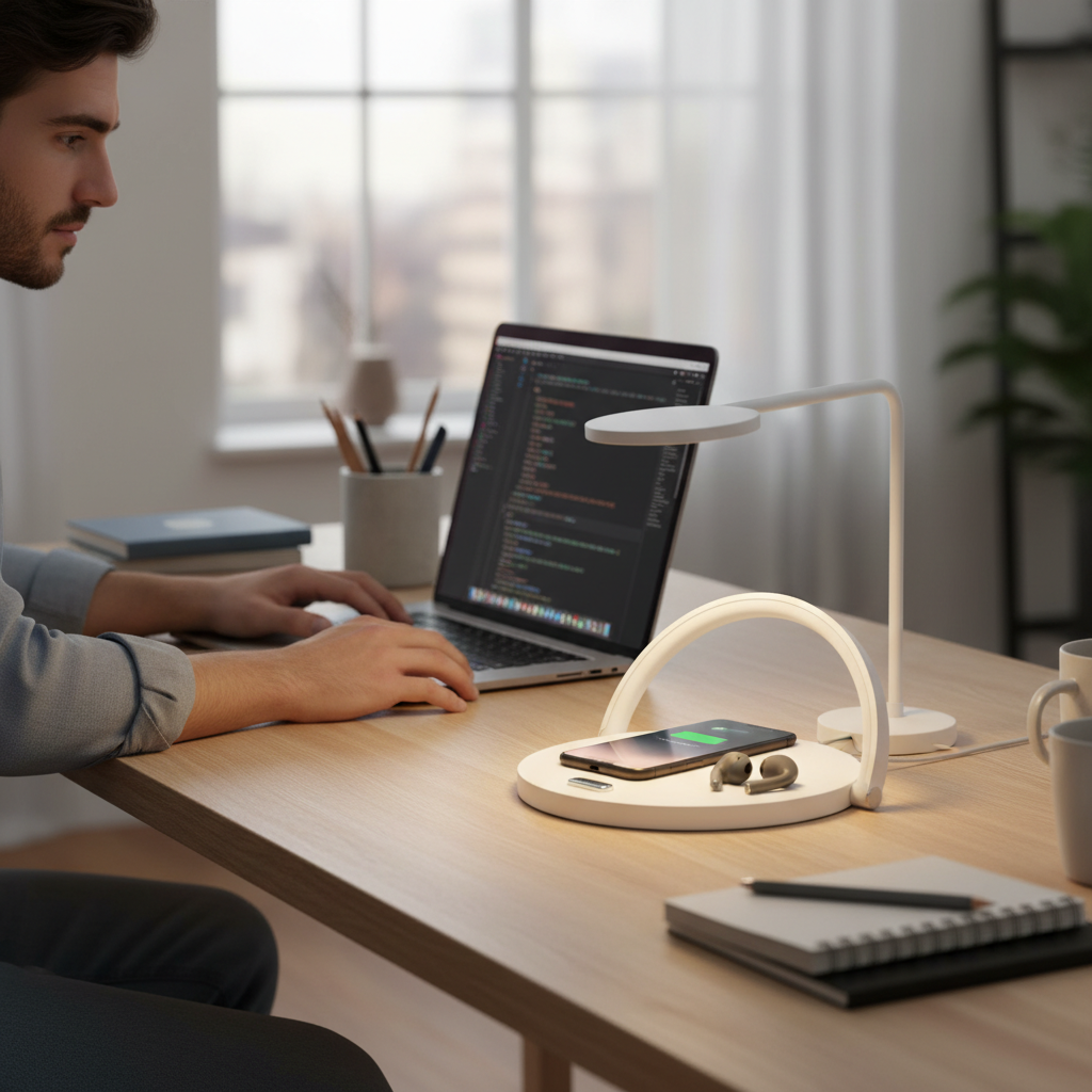 Premium LED Arch Desk Lamp with Wireless Charger and Touch Sensor - 3 Brightness Levels and Adjustable Holder for Modern Living