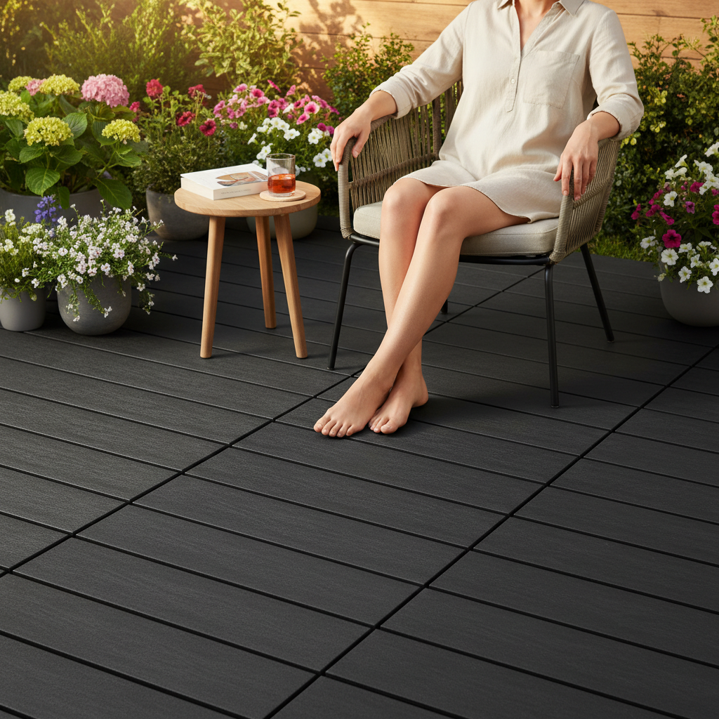 Premium Heavy Duty PVC Decking Tiles 30cm x 30cm - Black, Weather-Resistant and Slip-Resistant for Outdoor Use