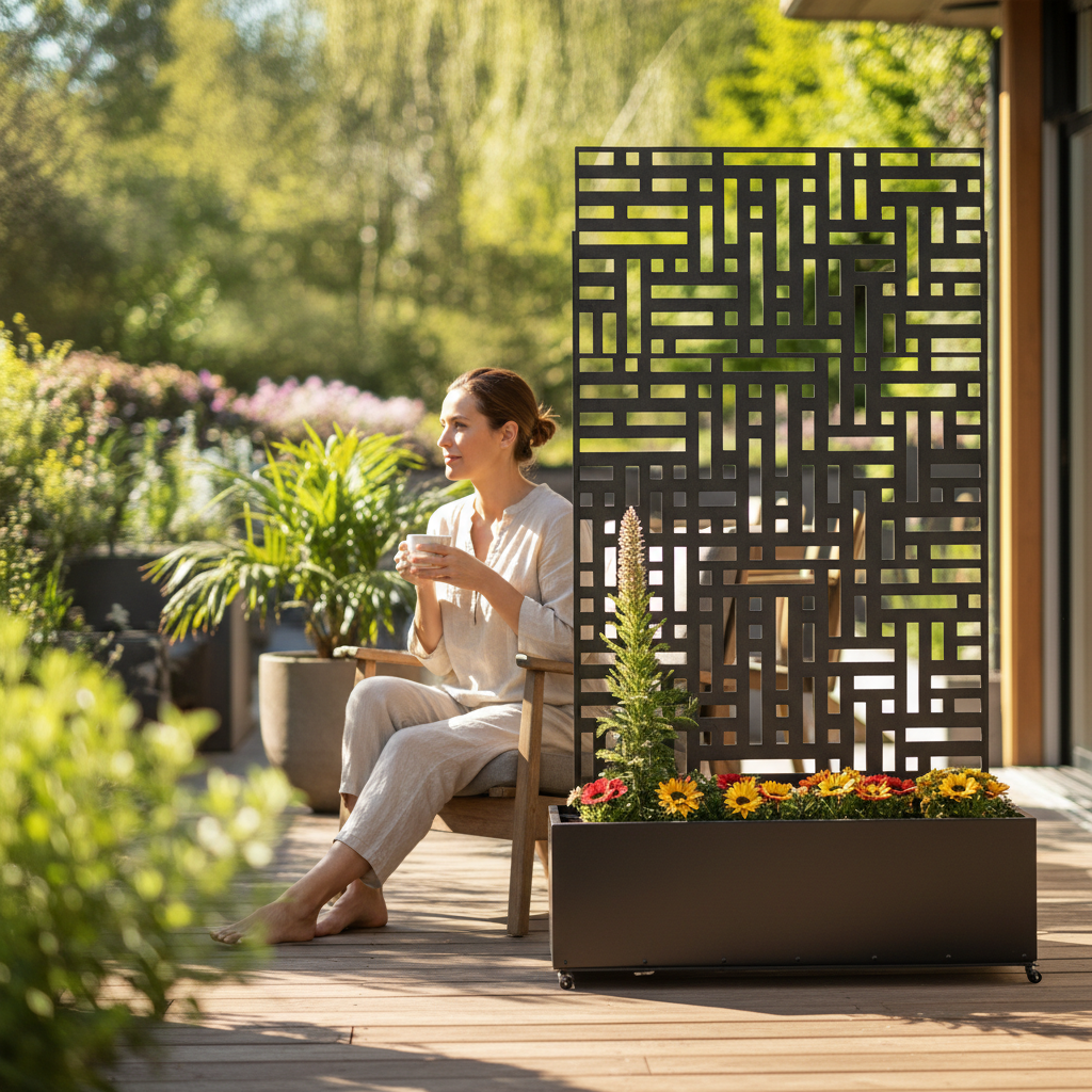 Premium Metal Indoor/Outdoor Privacy Screen with Built-In Planter - 90cm x 180cm, Durable Construction, Stylish Geometric Design