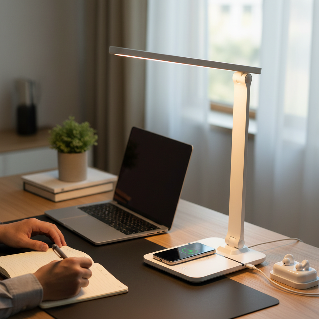 Premium LED Desk Lamp with Wireless Charger, USB Port, and Adjustable Lighting - High-Quality Professional Grade for Industrial and Commercial Appl...