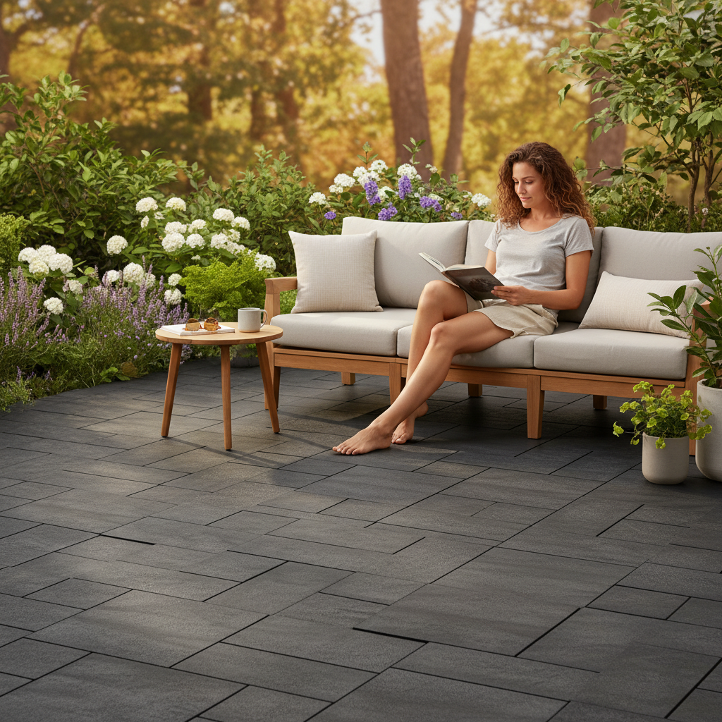 Premium Interlocking Composite Decking Tiles - Dark Grey Mosaic Design, 40 Tiles for Versatile Outdoor and Indoor Use