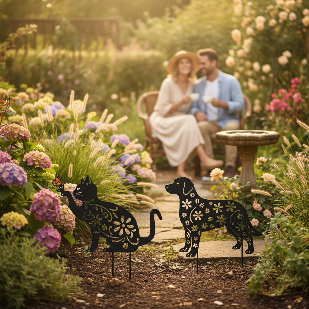 Premium Metal Cat and Dog Silhouette Garden Ornament - Durable Iron Decor for Year-Round Use