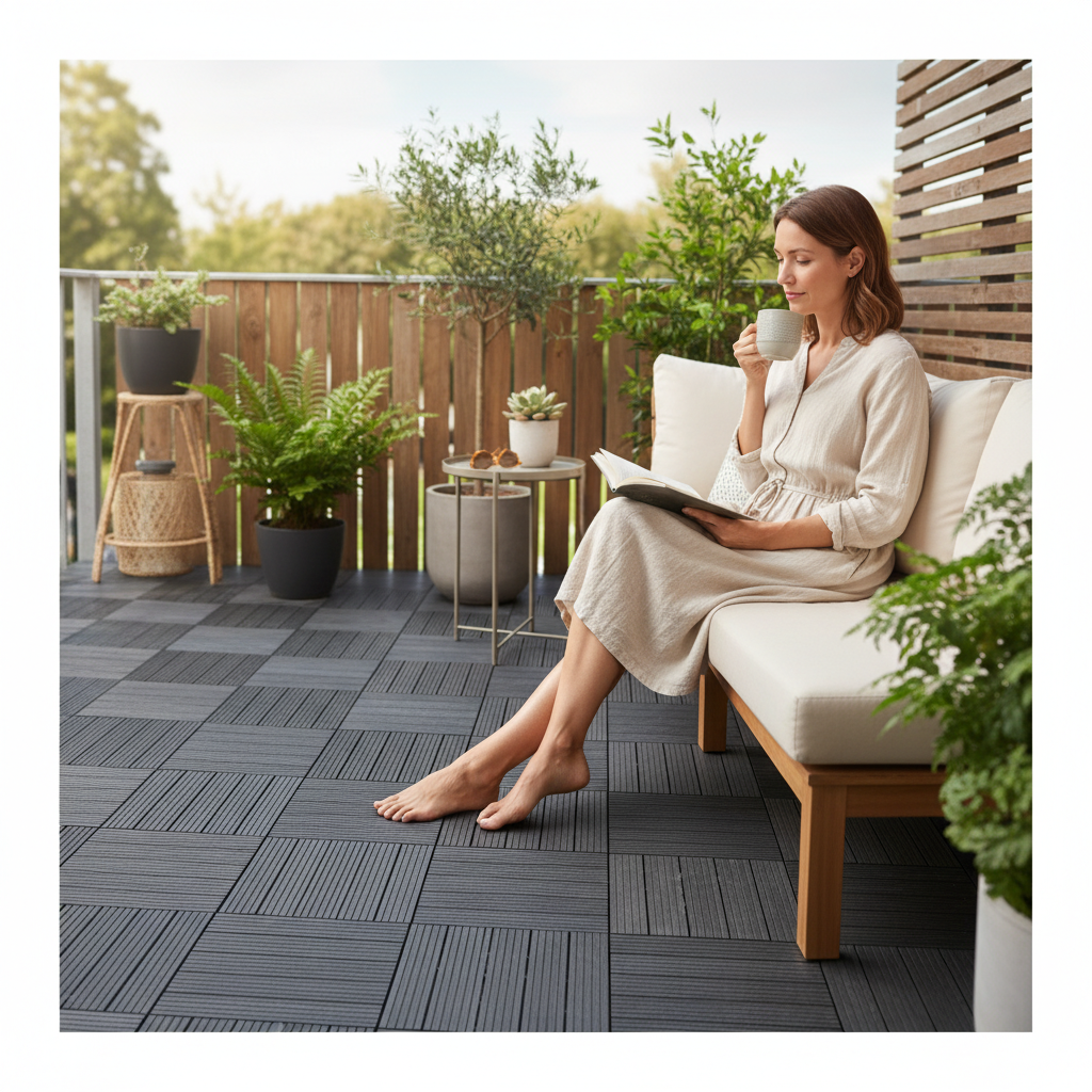 Premium Interlocking Decking Tiles - Eco-Friendly Recycled Rubber, 30x30cm for Patios and Balconies
