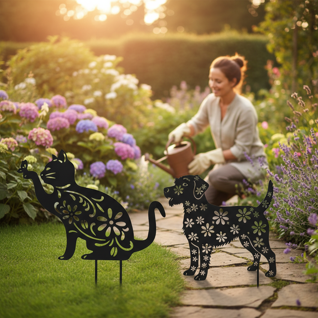 Premium Metal Cat and Dog Silhouette Garden Ornament - Durable Iron Decor for Year-Round Use