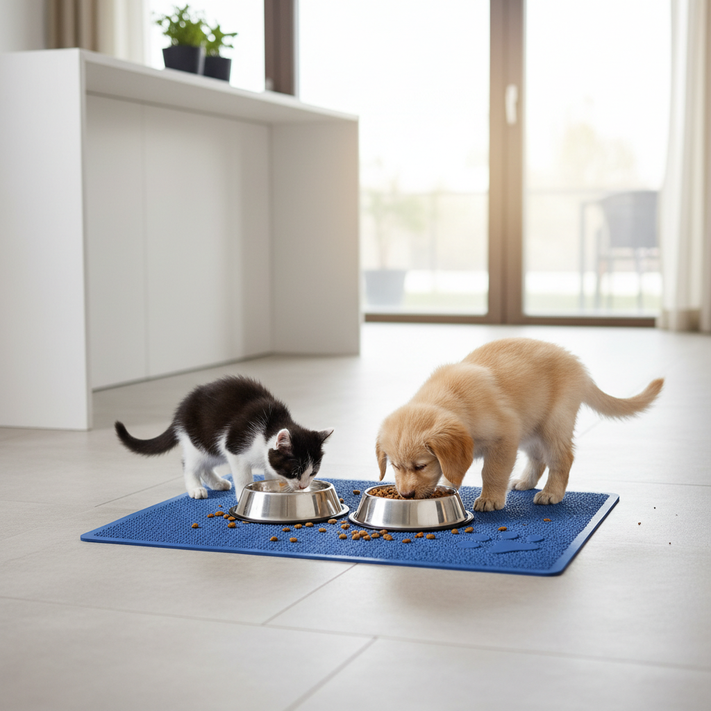 Premium Pet Feeding Mat - Mini Paw Design 90x60 cm, Non-Slip, Easy to Clean, Machine-Washable and Stain-Resistant