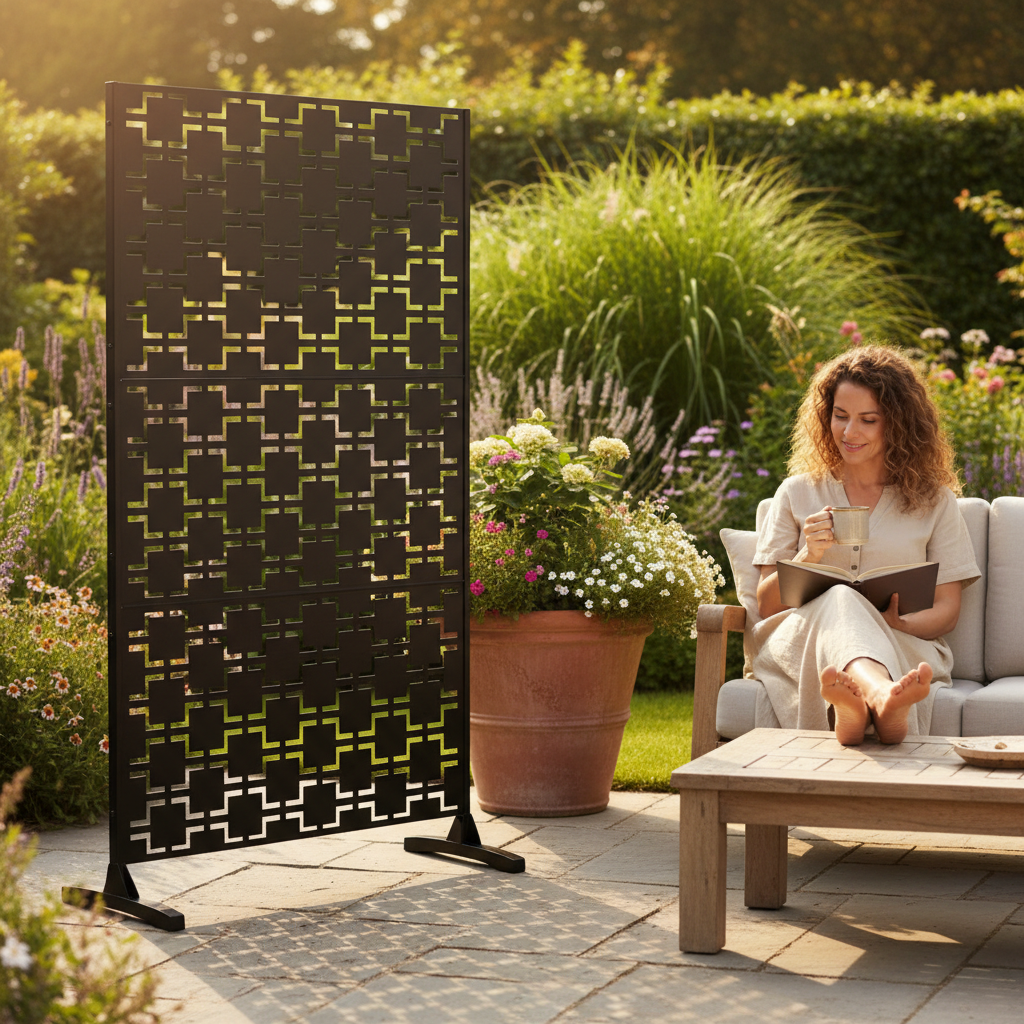 Premium Metal Indoor/Outdoor Privacy Screen with Stand - 120cm x 180cm in Black or Pre-Rusted Finish for Garden and Patio