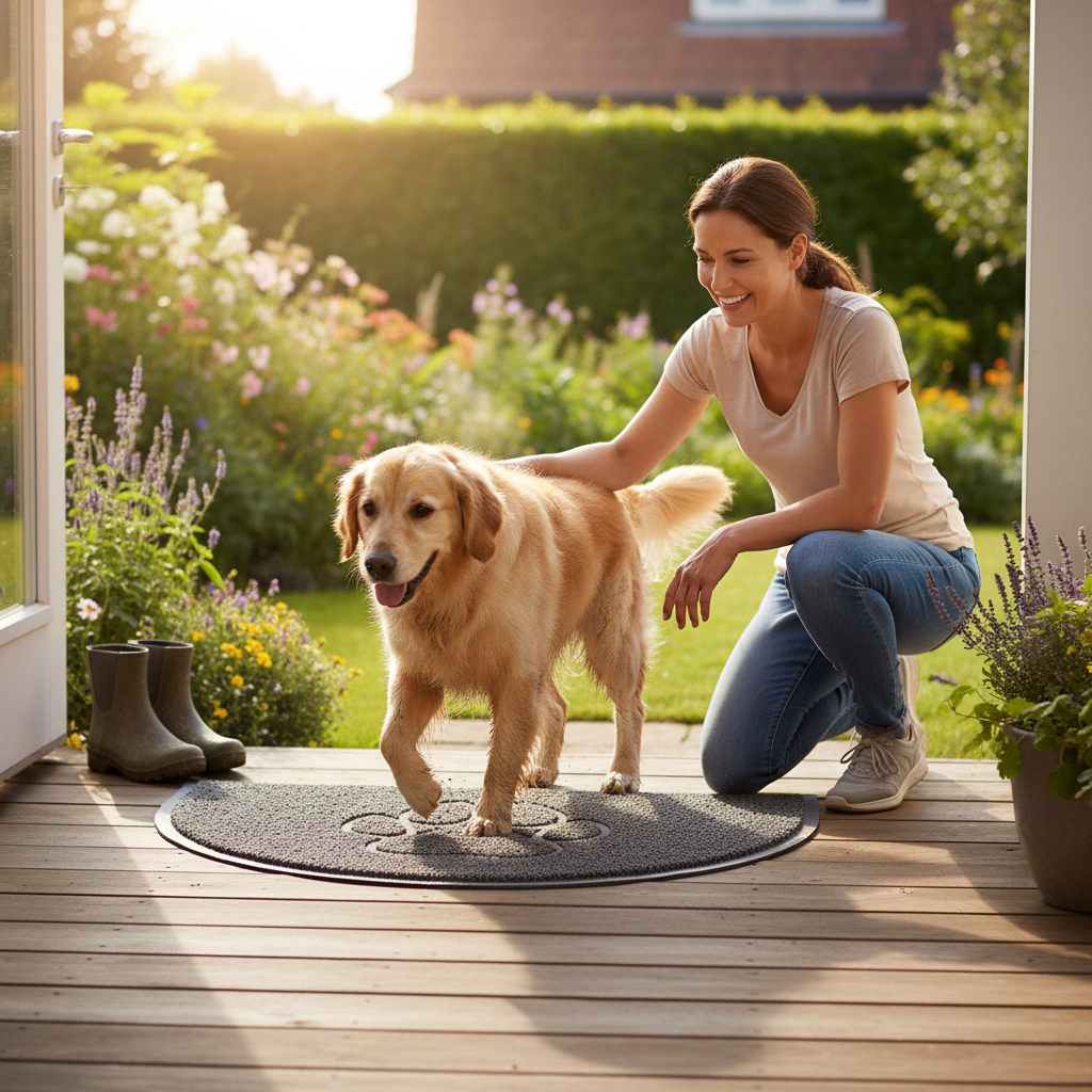 Premium Halfmoon Spaghetti Doormat with Paw Embossed Design - Non-Slip, Easy to Clean, Fade and Stain Resistant for Indoor and Outdoor Use