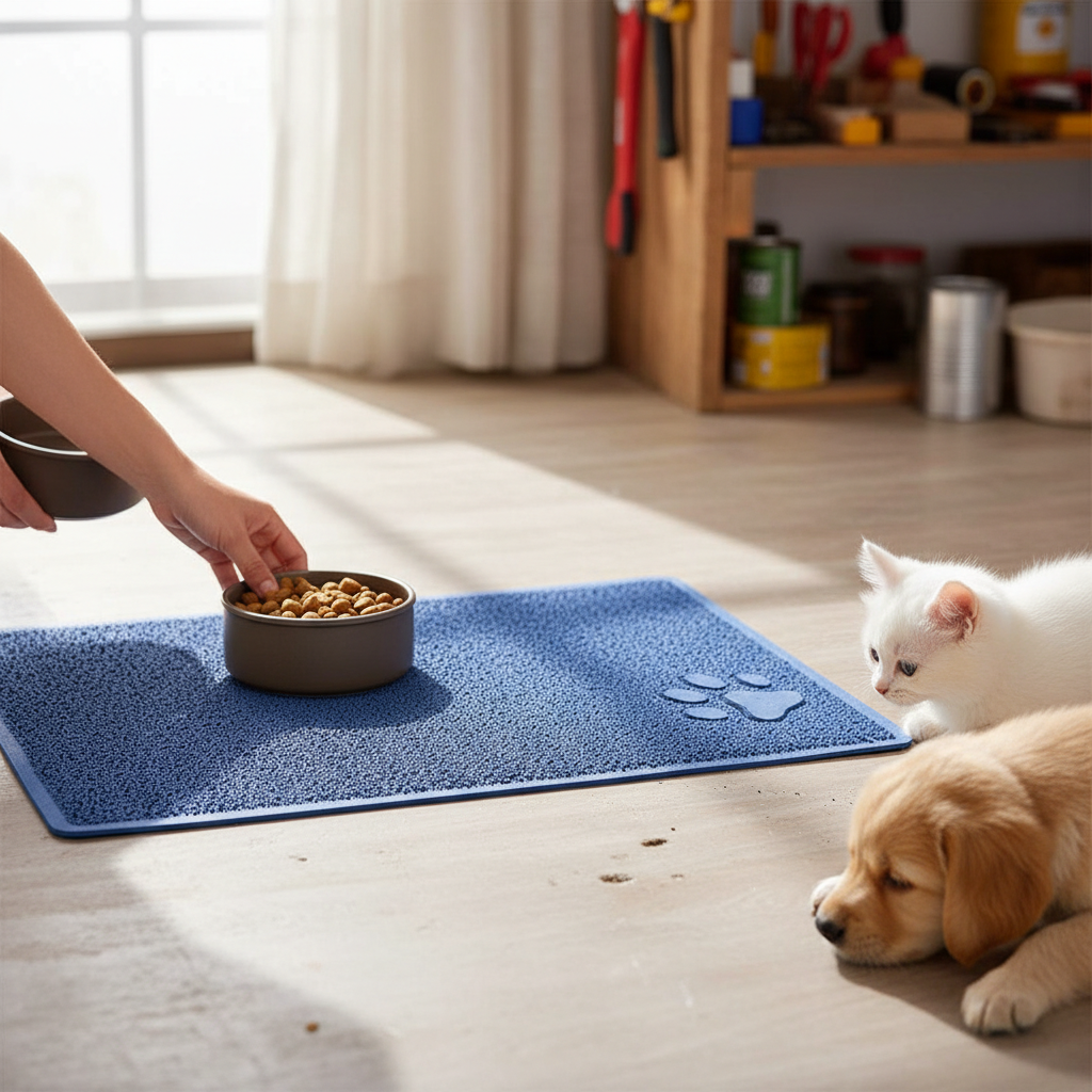 Premium Pet Feeding Mat - Mini Paw Design 90x60 cm, Non-Slip, Easy to Clean, Machine-Washable and Stain-Resistant