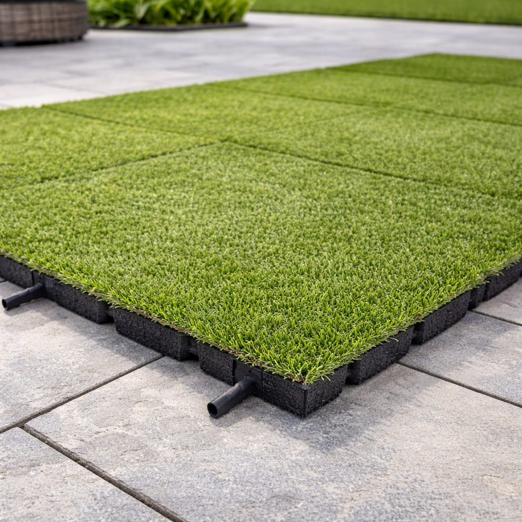 Interlocking Artificial Grass Tiles with Rubber Base – 25mm & 30mm Thick Outdoor Safety Flooring for Balconies, Play Areas, Patios & Gyms