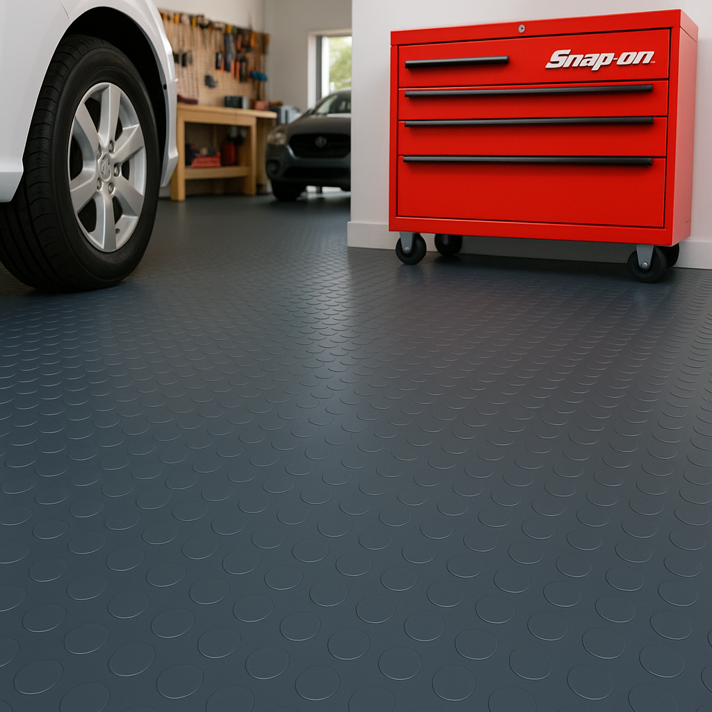 Non-Slip Rubber Flooring Rolls - Heavy Duty Studded Dot Penny Pattern, Cut Lengths, Durable & Safe for High Traffic, Indoor/Outdoor Use