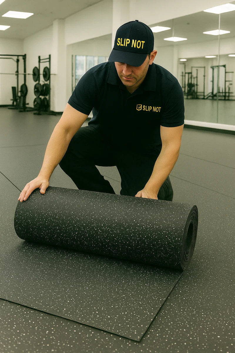 Commercial Rubber Gym Matting Rolls – 10mm Thick, Non-Slip, Oil & Grease Resistant, Anti-Fatigue, Ideal for Gyms, Pet Facilities & Locker Rooms