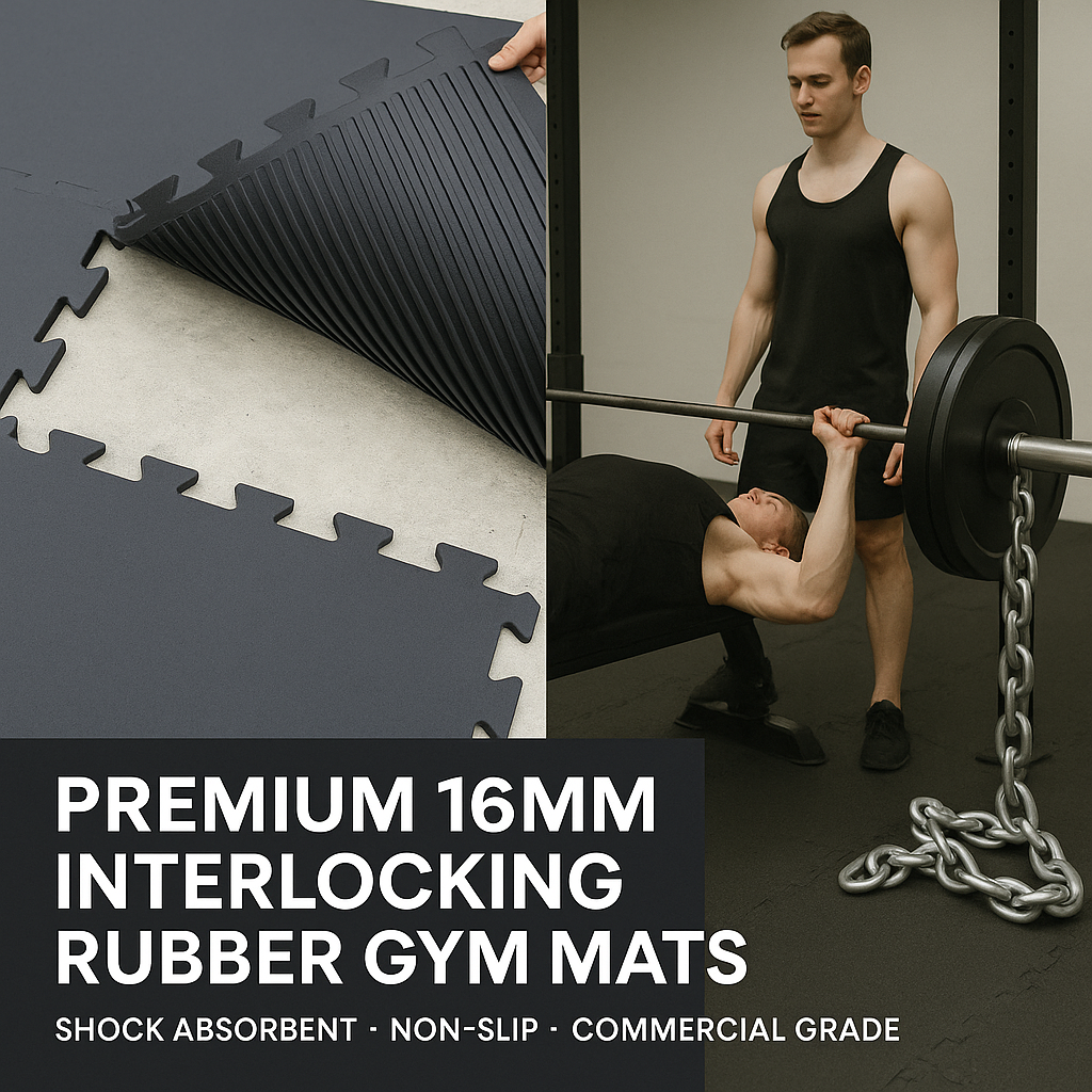 MegaFloor Heavy Duty Rubber Gym Tiles – 16mm, Non-Slip, Impact Absorbing, Anti-Fatigue, Easy Fit, Bevelled Edges Optional, Durable Gym Flooring