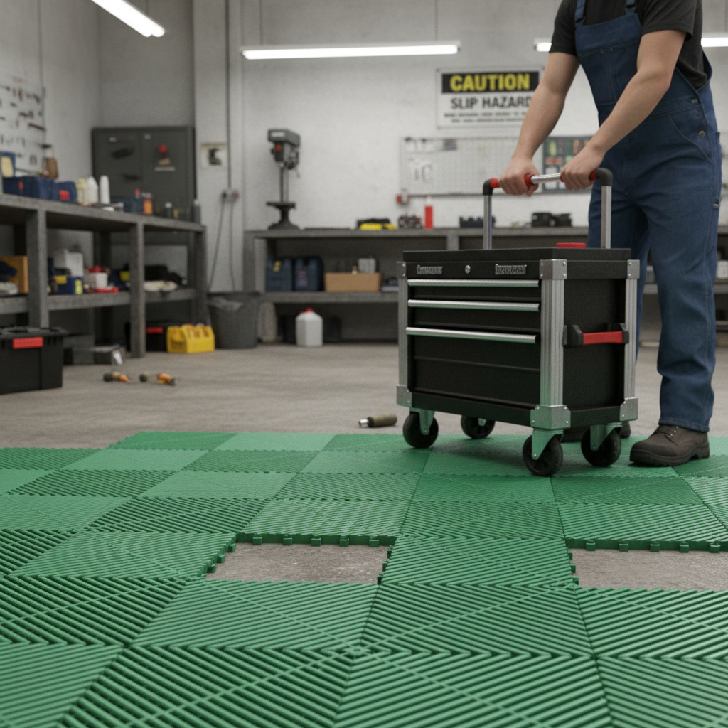 Premium Heavy-Duty Interlocking Ribbed Garage Floor Tiles - Green, Easy Installation, Non-Slip, Self-Draining Channels