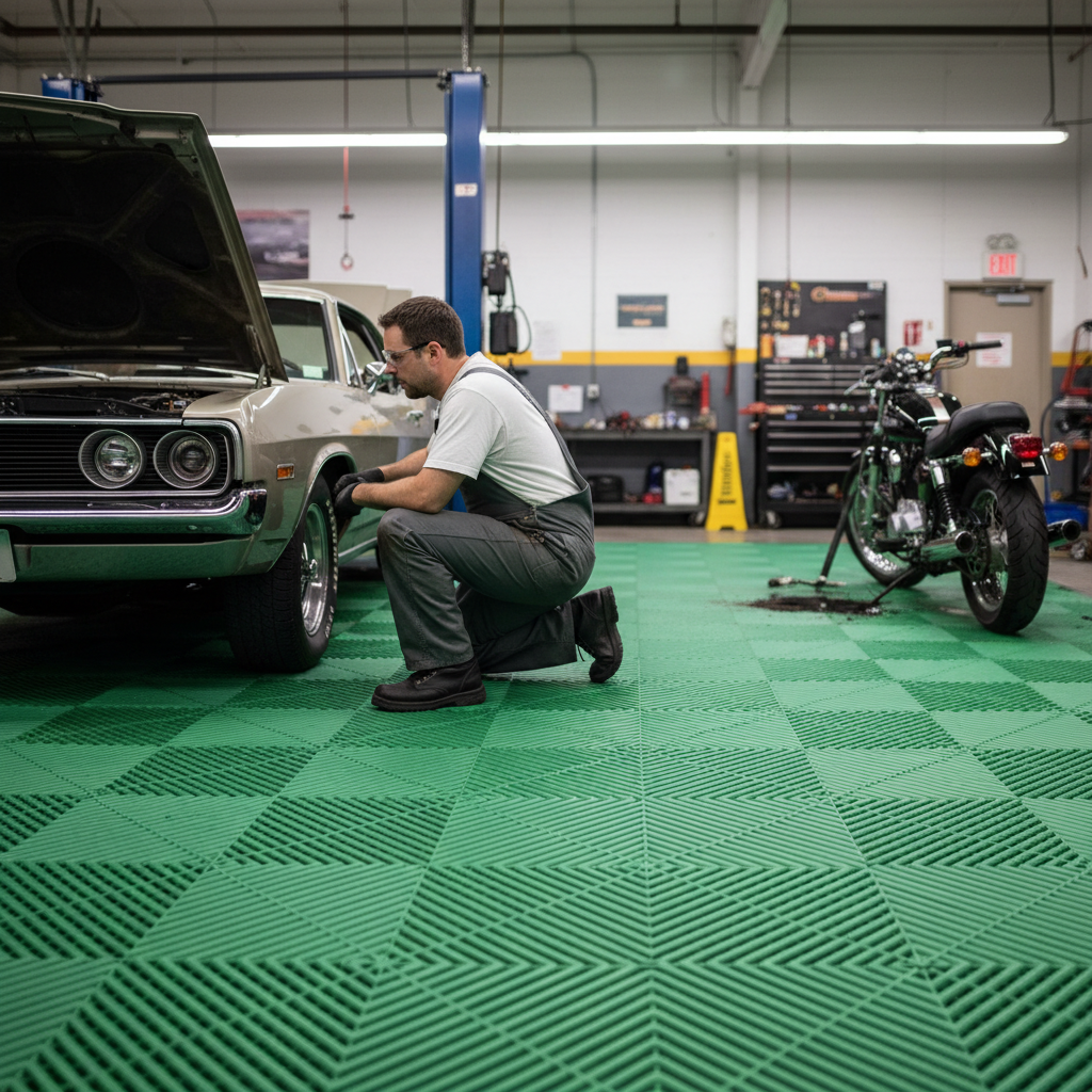 Premium Heavy-Duty Interlocking Ribbed Garage Floor Tiles - Green, Easy Installation, Non-Slip, Self-Draining Channels