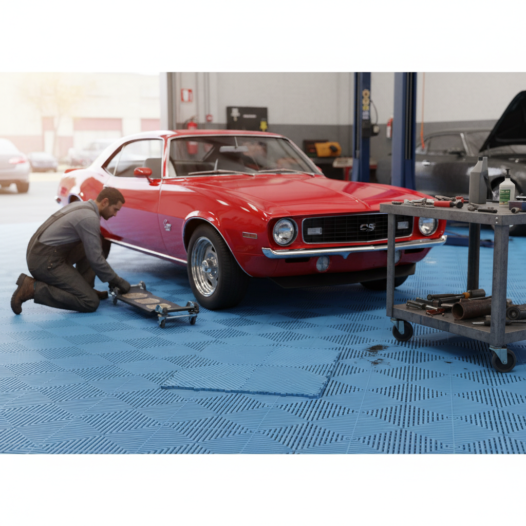 Premium Modular Interlocking Ribbed Garage Floor Tiles - Light Blue, Heavy Duty, Non-Slip, Self-Draining, Temperature Resistant