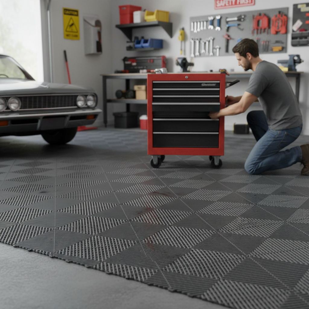 Premium Heavy Duty Modular Interlocking Ribbed Floor Tiles in Grey - Durable, Non-Slip, Self-Draining for Industrial Use