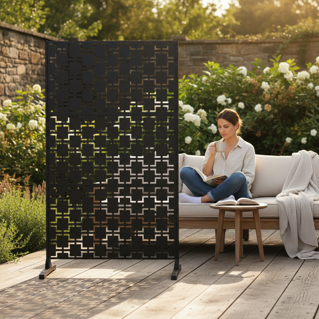 Premium Metal Indoor/Outdoor Privacy Screen with Stand - 120cm x 180cm in Black or Pre-Rusted Finish for Garden and Patio