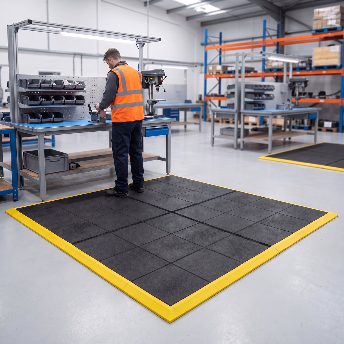 Heavy duty anti-fatigue tiles with yellow safety edge ramps at a factory assembly workstation