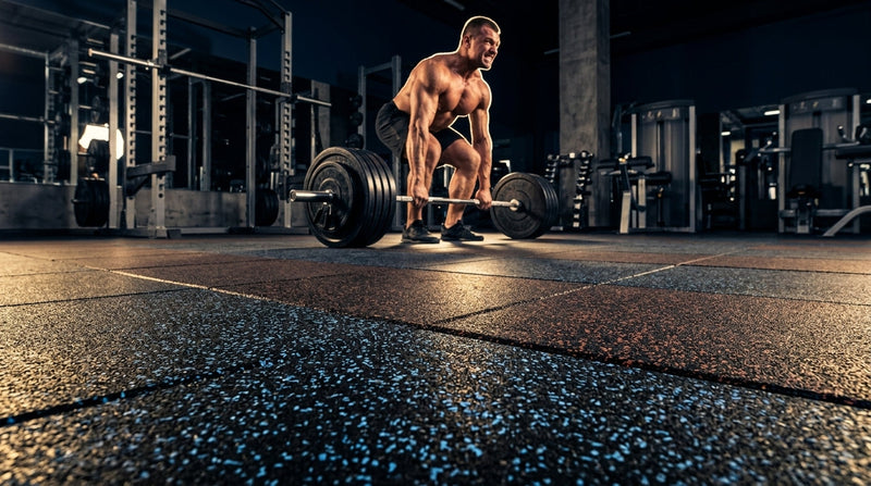 Weightlifter deadlifting a loaded barbell on heavy duty rubber gym flooring
