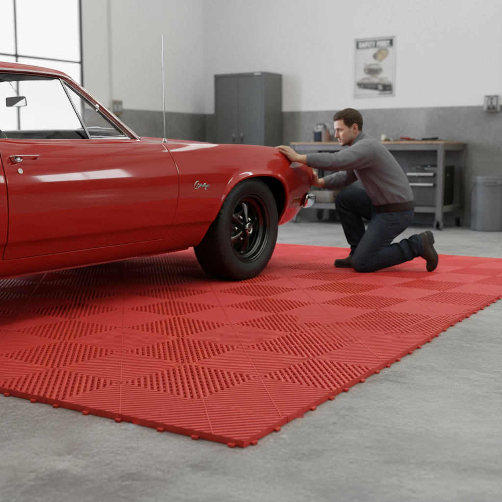 Premium Modular Interlocking Ribbed Vented Garage Floor Tiles - Heavy Duty Polypropylene with Non-Slip Surface and Self-Draining Channels