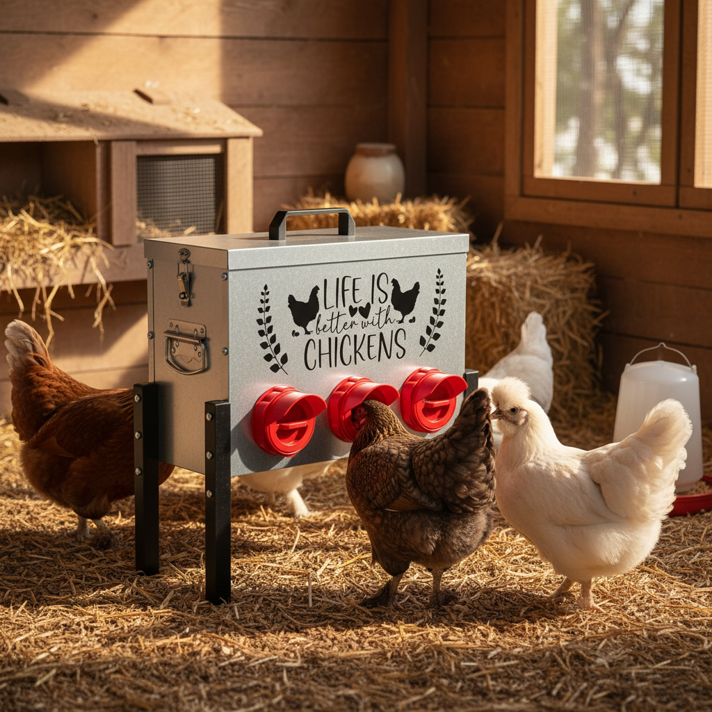 Premium Metal Chicken Feeder with 6 Feed Ports, Durable Construction and Convenient Design for Backyard Poultry Feeding