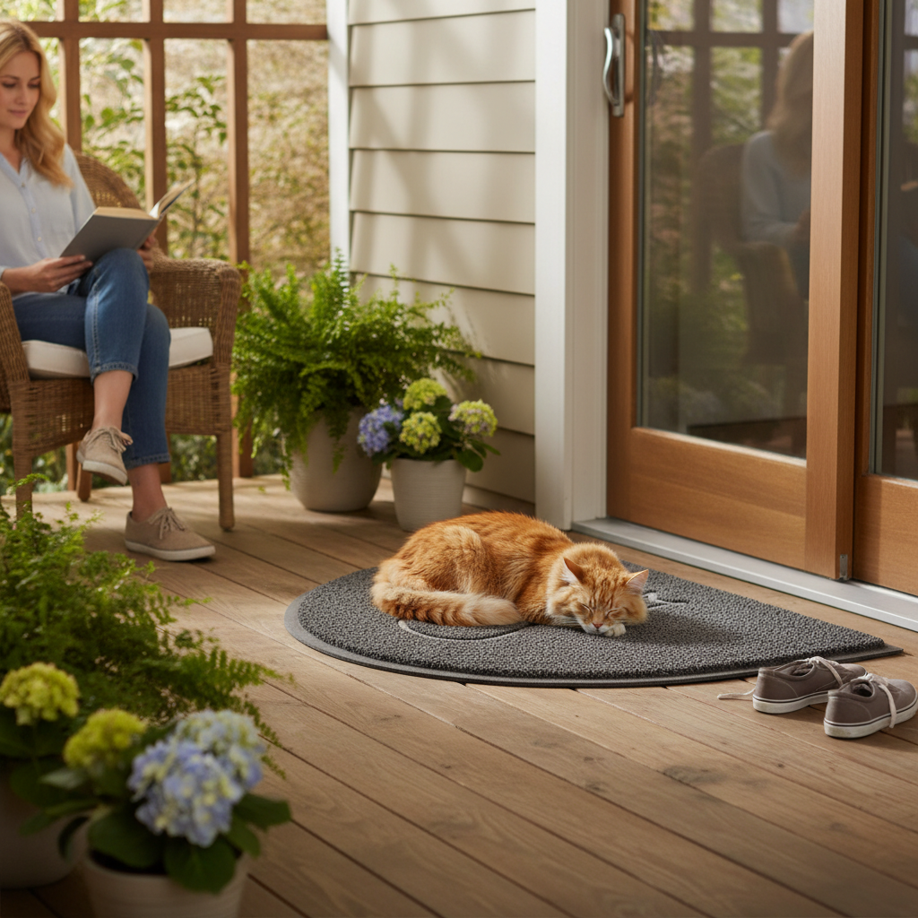 Premium Cat Embossed Halfmoon Spaghetti Doormat with Non-Slip Backing, Easy to Clean, and Fade Resistant Design for Indoor and Outdoor Use