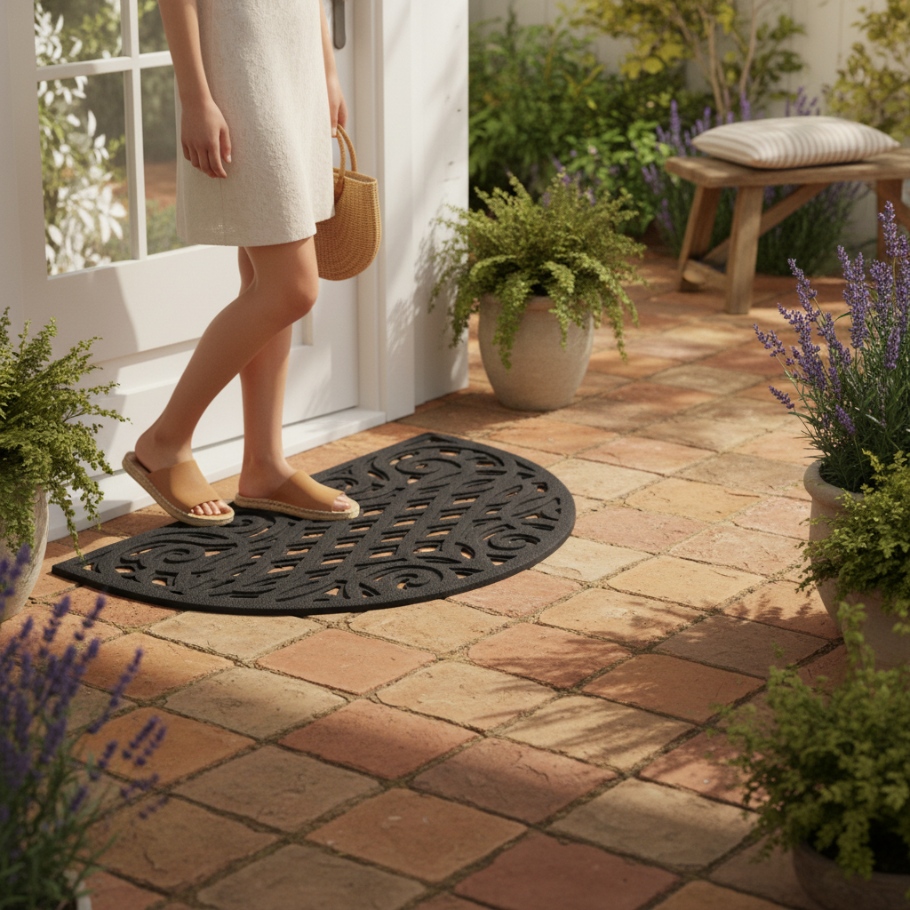 Premium Victorian Style Eco Halfmoon Outdoor Doormat - Heavy Duty, Recycled Rubber, Elegant Design, 75 x 44 cm