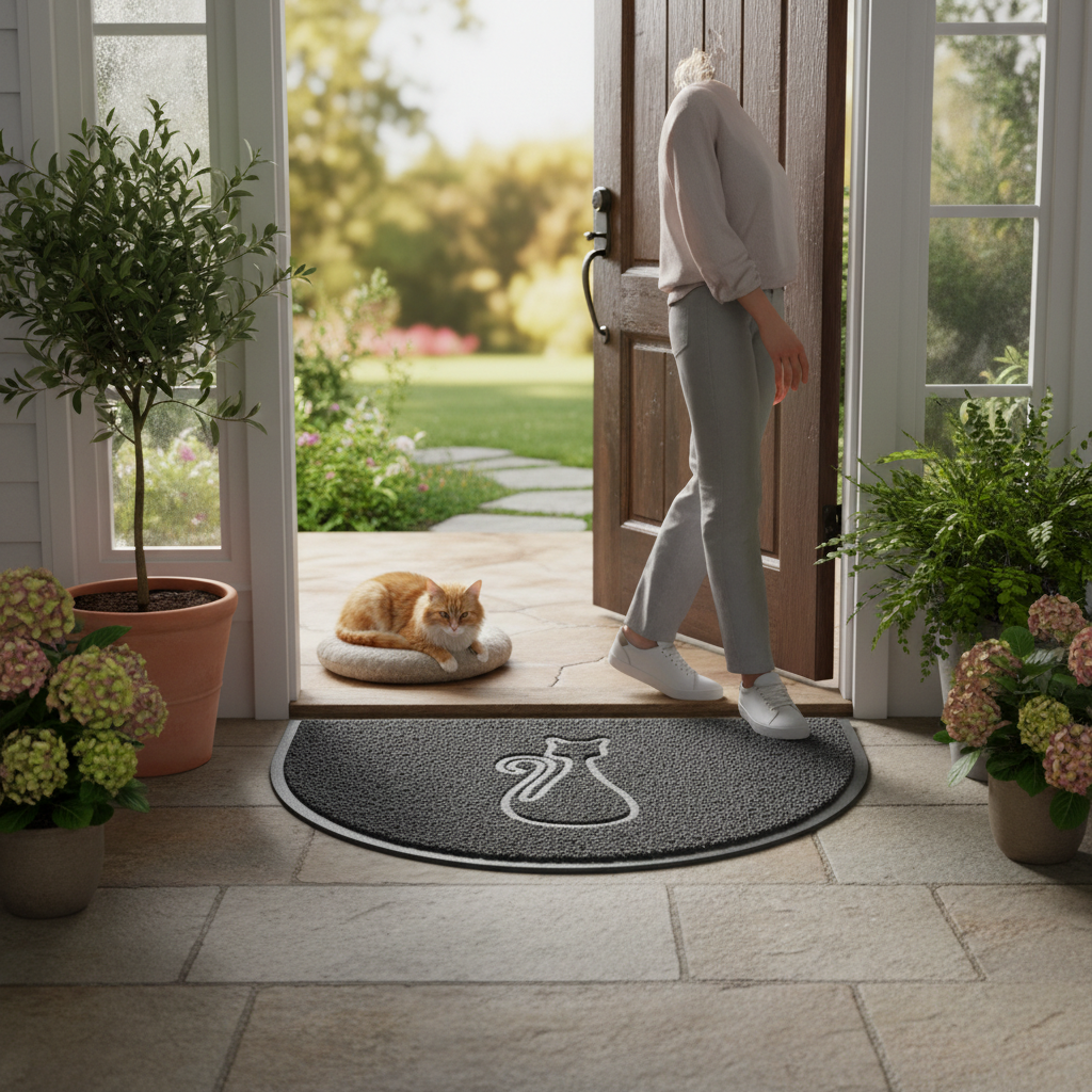 Premium Cat Embossed Halfmoon Spaghetti Doormat with Non-Slip Backing, Easy to Clean, and Fade Resistant Design for Indoor and Outdoor Use