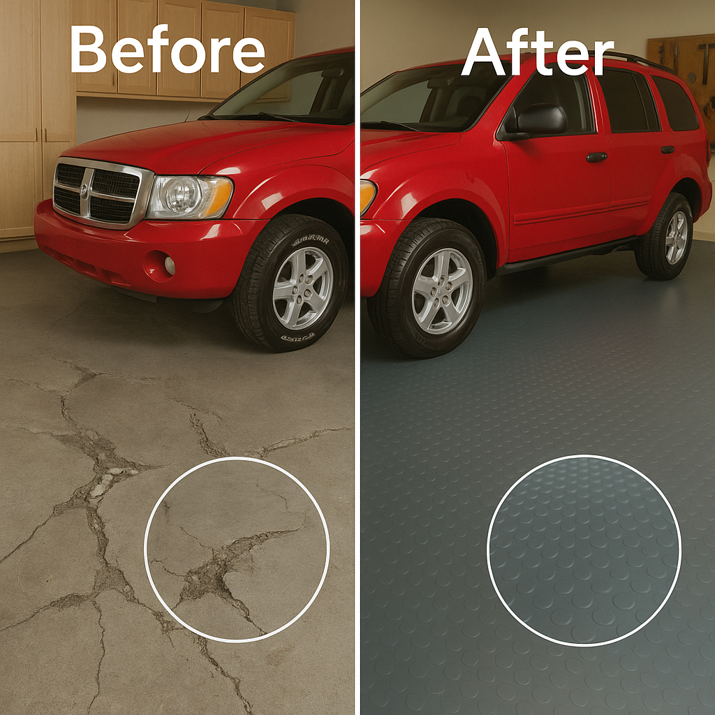 Garage floor before and after fitting penny dot rubber flooring
