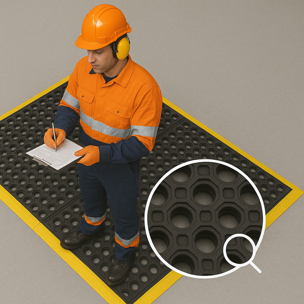 Heavy-Duty Non-Slip Rubber Link Mats with Drainage Holes – 16mm Thick, Ideal for Workshops, Pool Areas & Decking