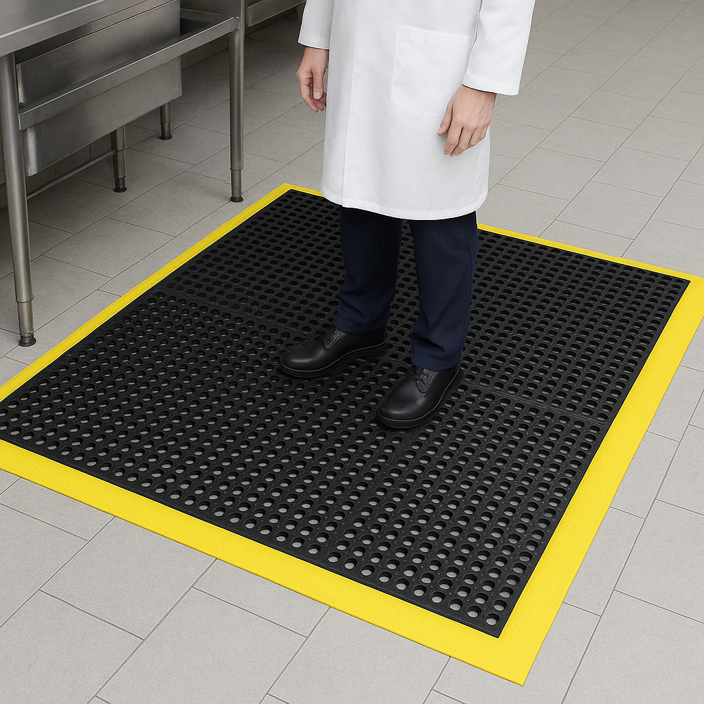 Heavy-Duty Non-Slip Rubber Link Mats with Drainage Holes – 16mm Thick, Ideal for Workshops, Pool Areas & Decking