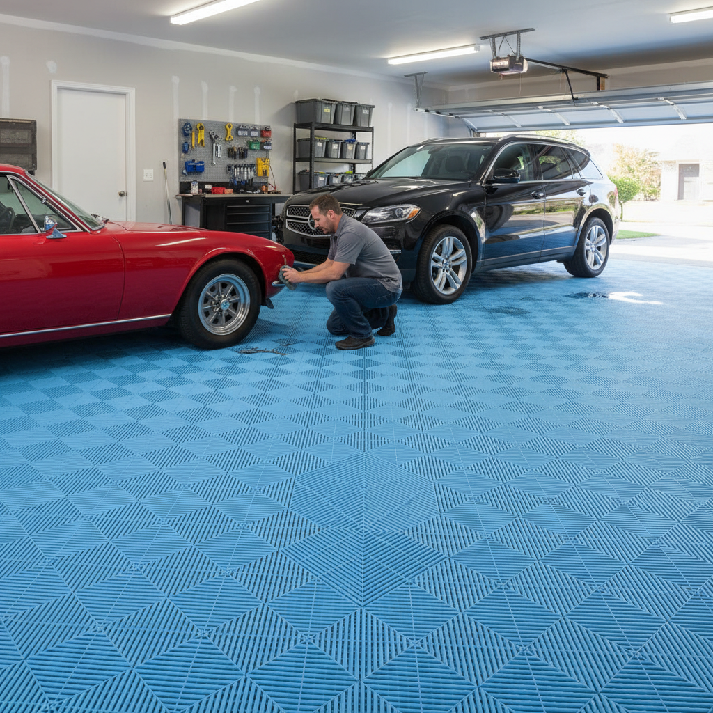 Premium Modular Interlocking Ribbed Garage Floor Tiles - Light Blue, Heavy Duty, Non-Slip, Self-Draining, Temperature Resistant