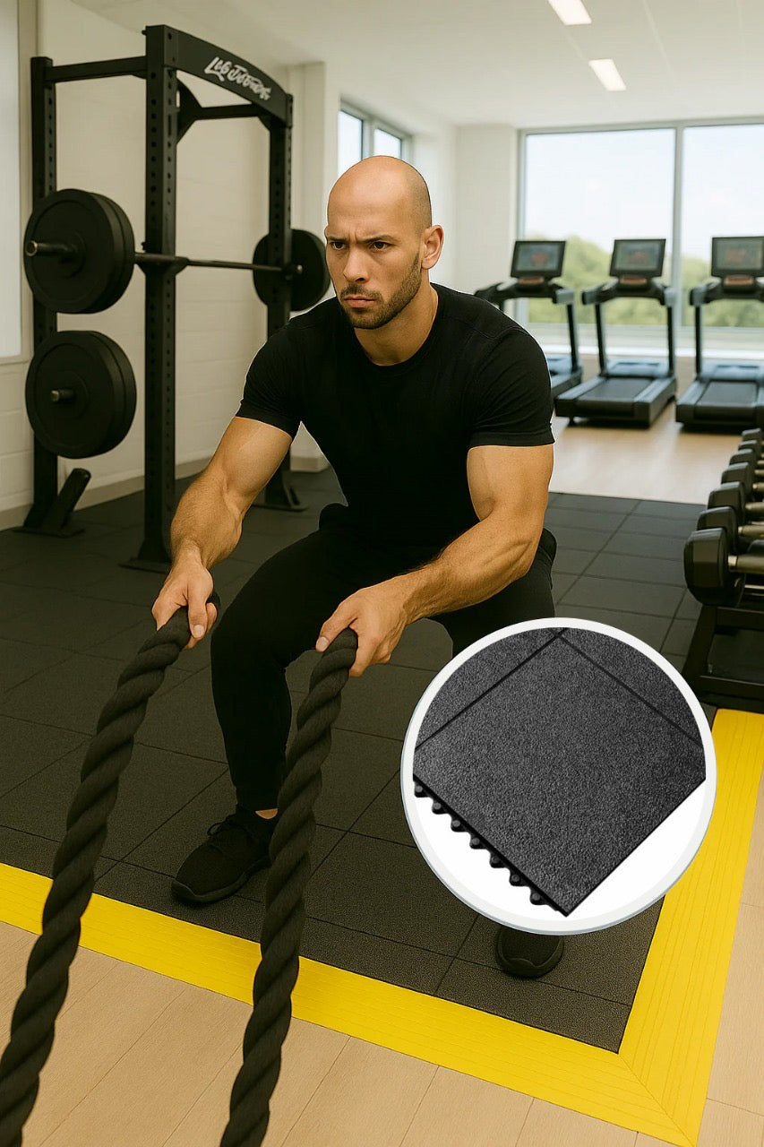 Yellow Interlocking Rubber Gym Mats 36 x 36 Inch x 16mm – Slip-Resistant Weight Training Flooring with Ramps