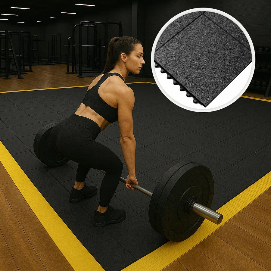 Black Interlocking Rubber Gym Mats 36 x 36 Inch x 16mm – Slip-Resistant Weight Training Flooring with Ramps