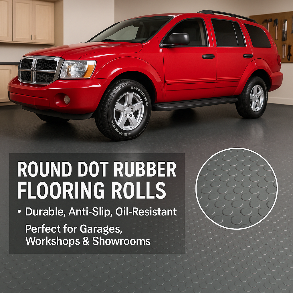 Round dot rubber flooring rolls - durable, anti-slip, oil resistant for garages and workshops
