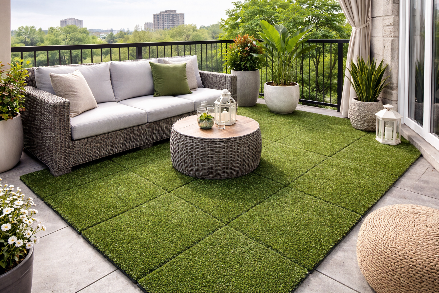 Interlocking Artificial Grass Tiles with Rubber Base – 25mm & 30mm Thick Outdoor Safety Flooring for Balconies, Play Areas, Patios & Gyms