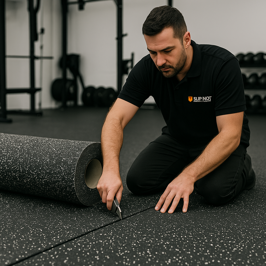 Heavy-Duty Rubber Gym Flooring – Non-Slip Roll Matting, Custom Cut for Home & Commercial Use