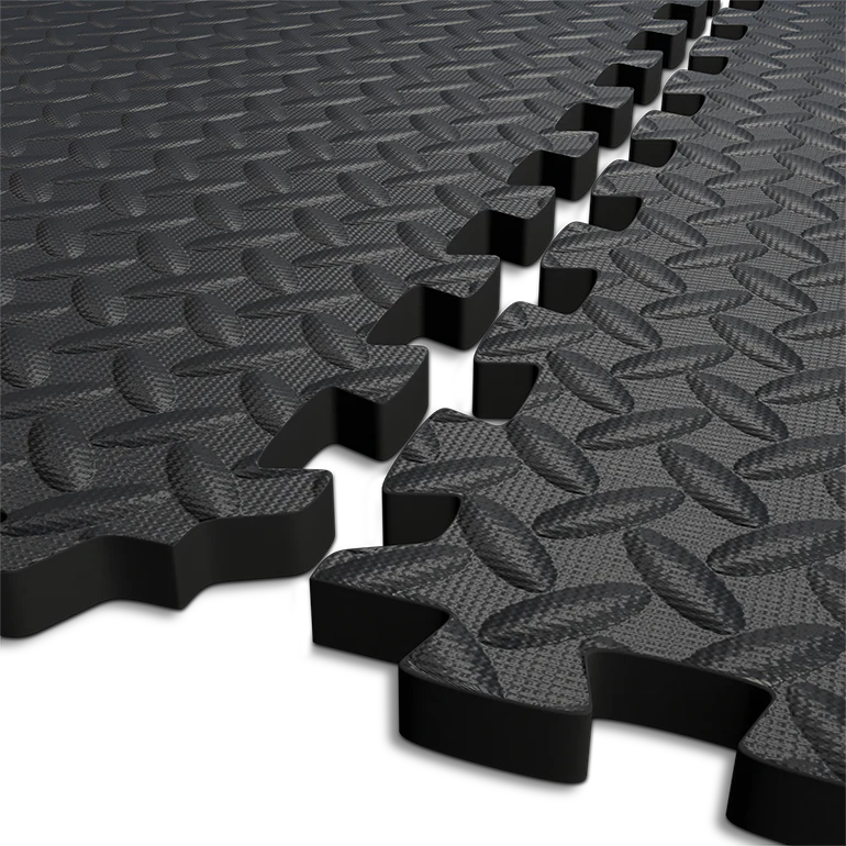 Dense EVA Garage Floor Tiles Interlocking, High Grip Diamond Plate, Hard-Wearing, Anti-Fatigue, Easy Fit, No Tools Needed, Ideal for Heavy Equipment