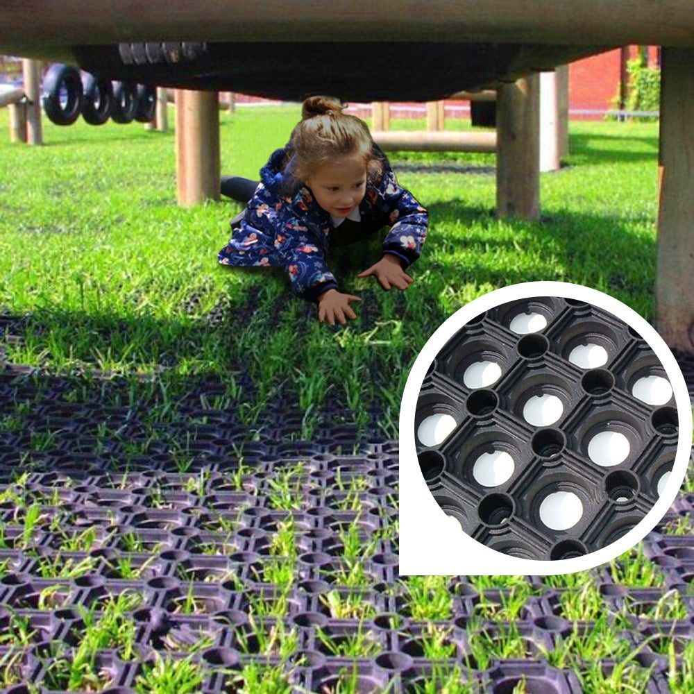 Rubber Grass Mats 23mm - 150x100cm, Includes Pegs & Ties, Weather Resistant, Wheelchair Friendly, Drainage Holes, BS EN 1177 Tested, Recycled Rubber