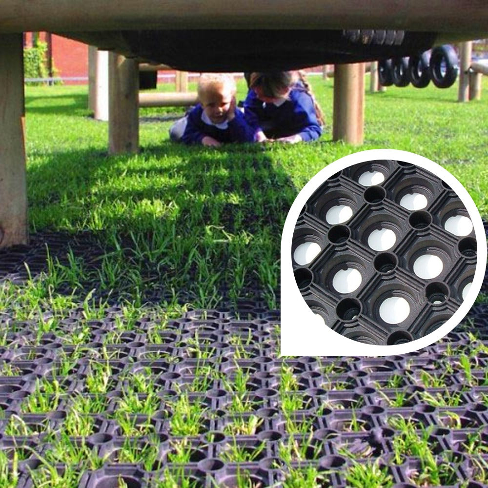 Rubber Grass Mats 23mm - 150x100cm, Includes Pegs & Ties, Weather Resistant, Wheelchair Friendly, Drainage Holes, BS EN 1177 Tested, Recycled Rubber