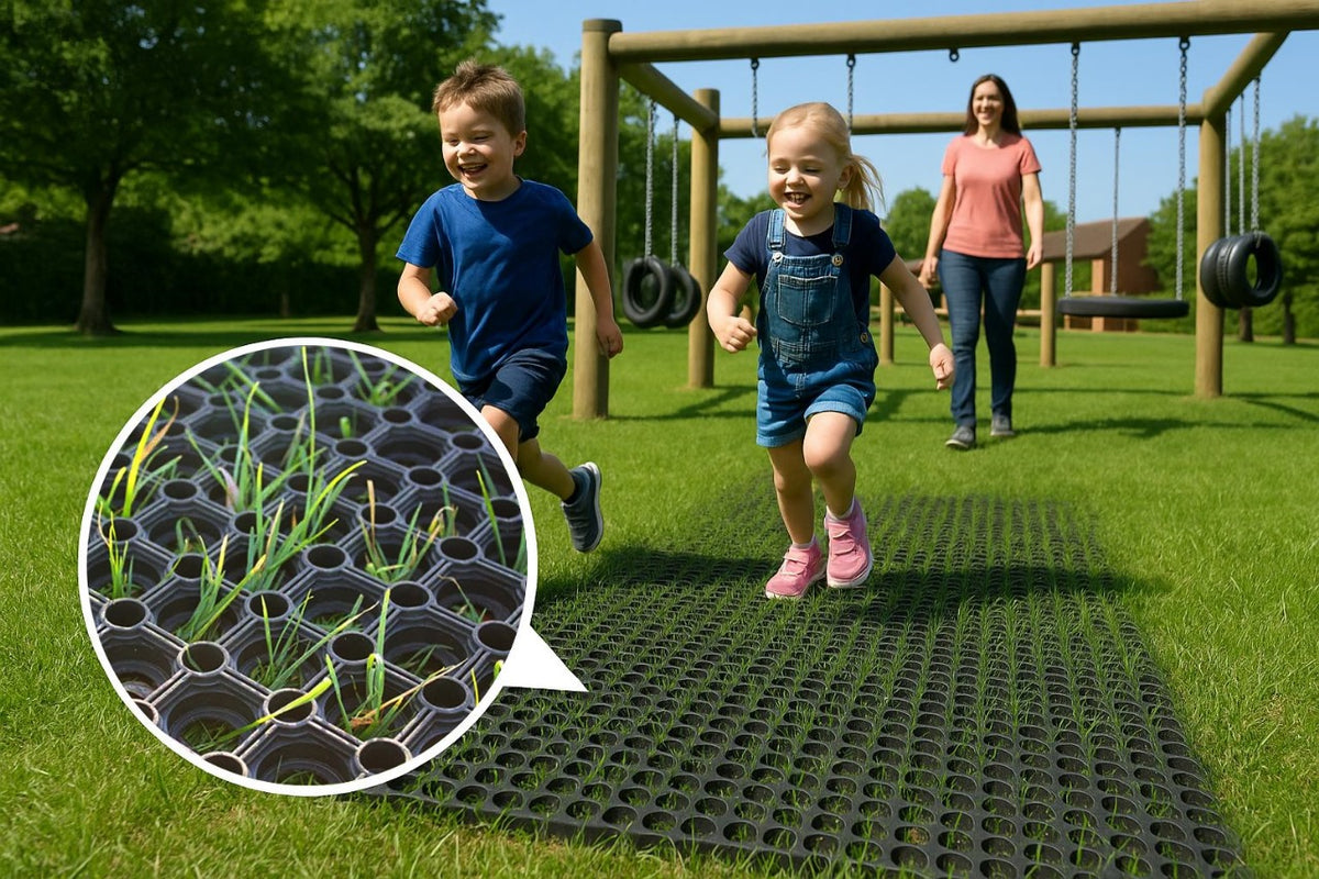 Rubber Grass Mats 1m x 1.5m – 16mm & 23mm Thick Non-Slip Outdoor Safety Matting, Fall Height Tested, Pegs & Ties Option