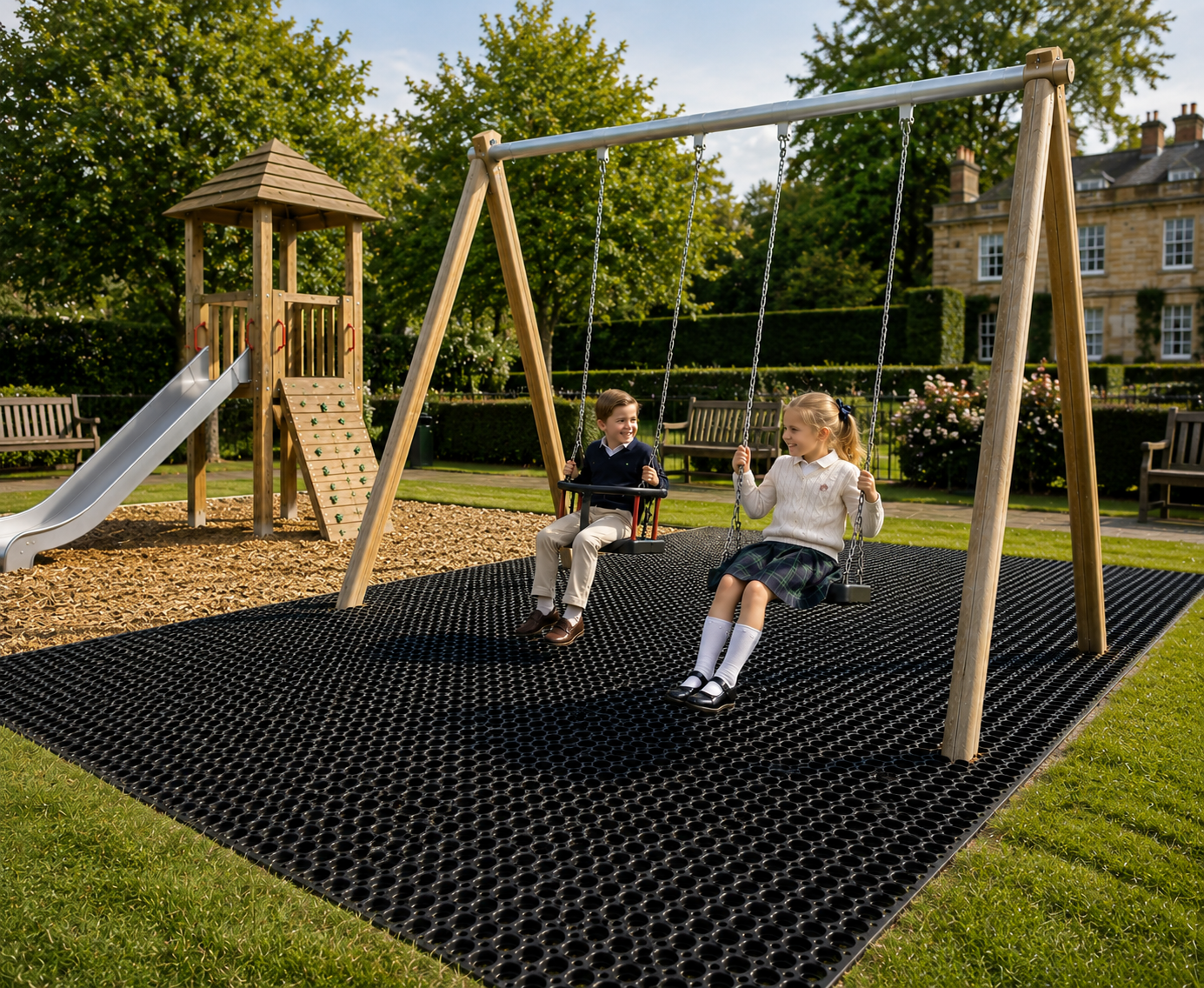 Rubber Grass Playground Mats 23mm Thick Non-Slip, Weather Resistant, Recycled Rubber, Grass-Friendly, Safety Surface for Heavy Traffic Areas