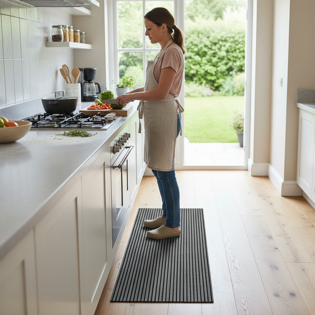 Premium Grey Striped Needlefelt Kitchen Runner 60cm x 150cm with Anti-Slip Backing and Durable Polypropylene Material