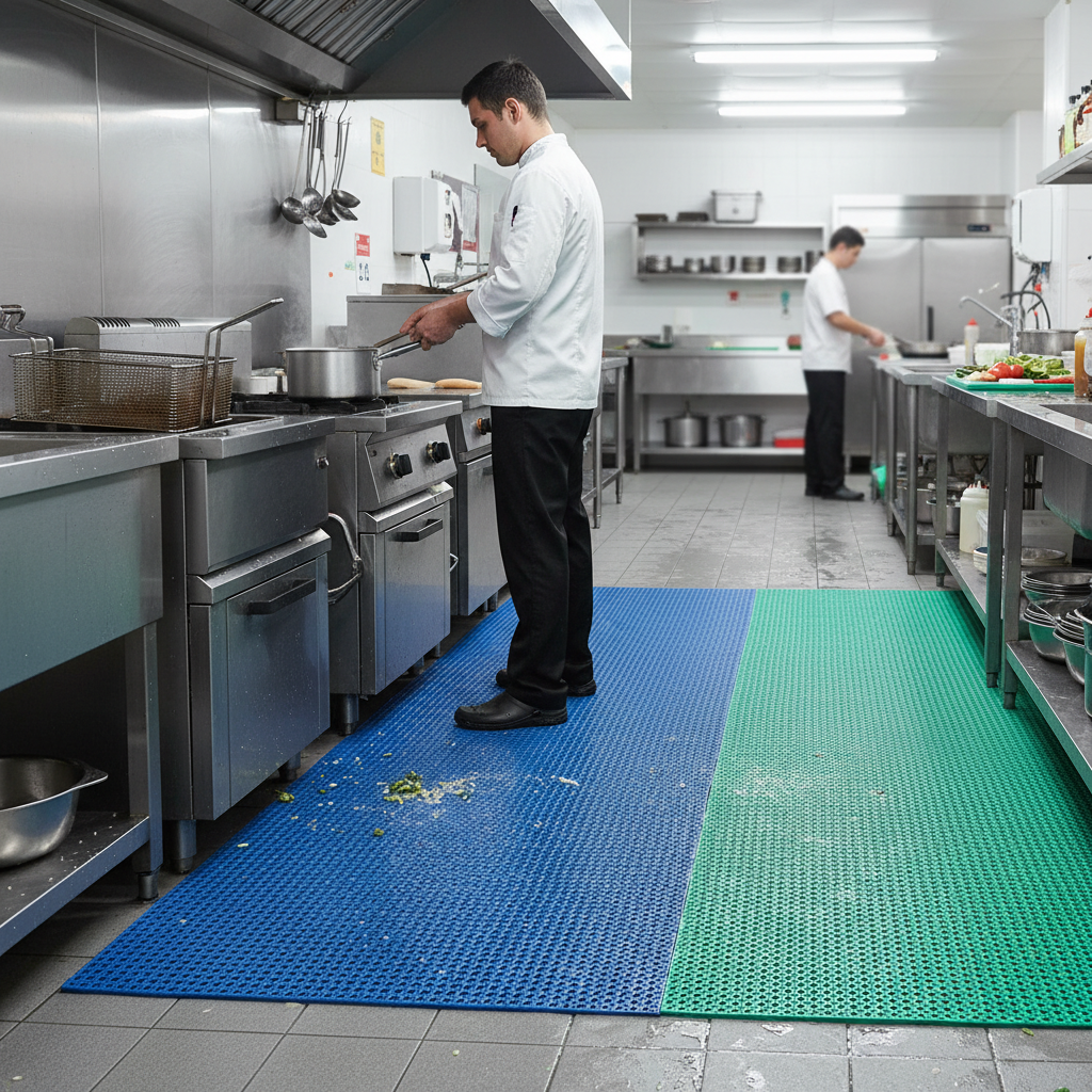 Premium Non-Slip PVC Drainage Mat - Dual Tone Blue/Green, 120cm Wide for Enhanced Safety and Cleanliness in Various Environments
