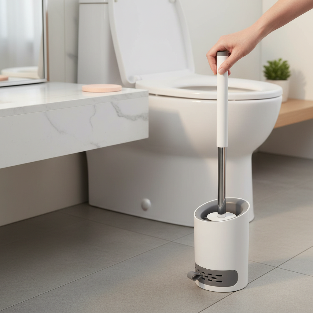Premium Round Toilet Brush with Silicone Head and Drainage Holder for Hygienic Bathroom Cleaning