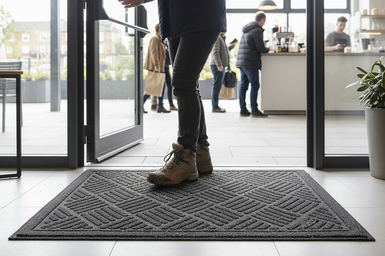 Premium Eco-Friendly Chequered Door Mat - Grey, Heavy Duty, Recycled Rubber, Indoor & Outdoor Use, 75 x 44 cm