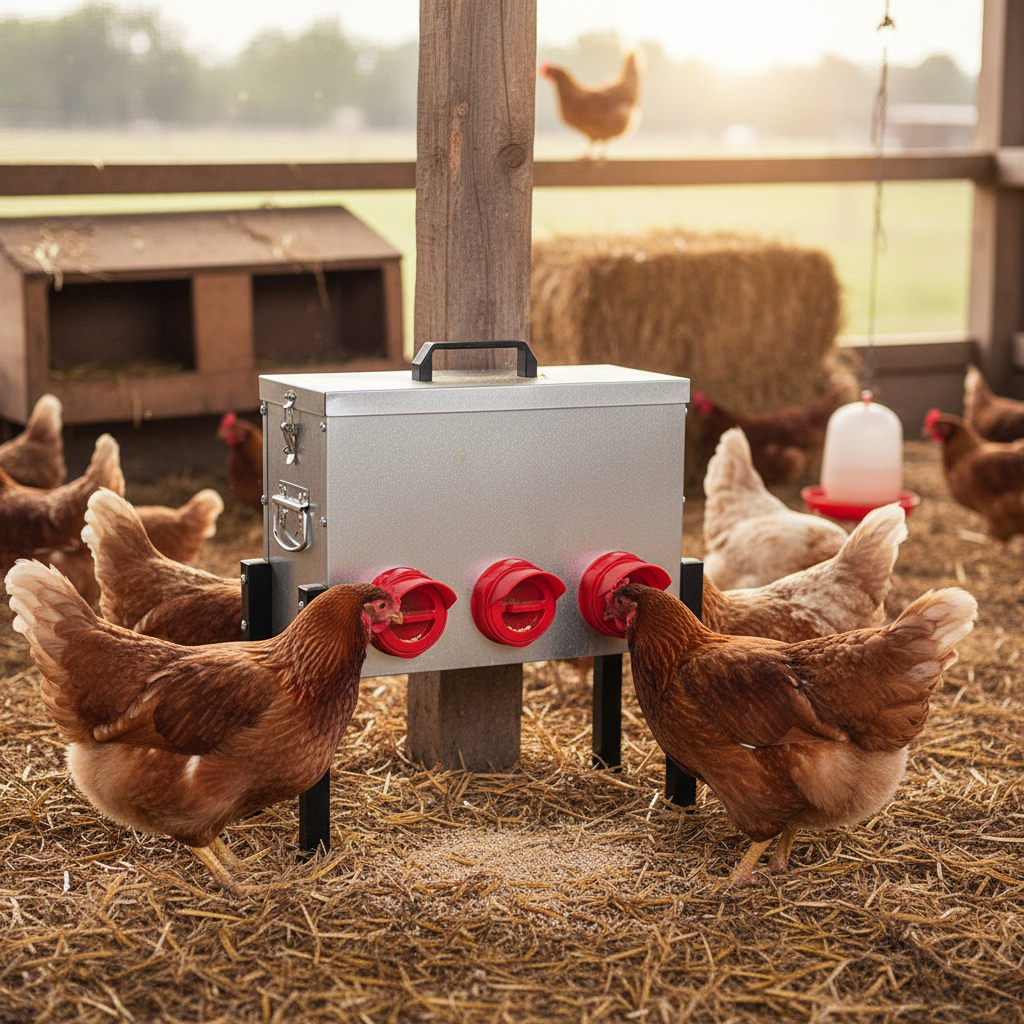Premium Metal Chicken Feeder with 6 Feed Ports, Durable Construction and Convenient Design for Backyard Poultry Feeding