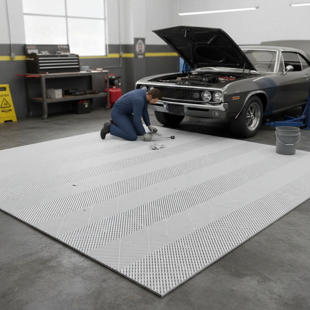 Premium Durable Interlocking Ribbed Garage Floor Tiles - White, Heavy Duty, Easy to Install, Oil and Chemical Resistant, 400mm x 400mm